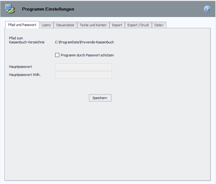 Provendis Kassenbuch Programmpfad und Passwort