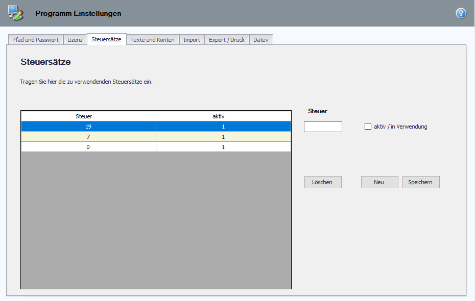 Provendis Kassenbuch Steuersätze verwalten