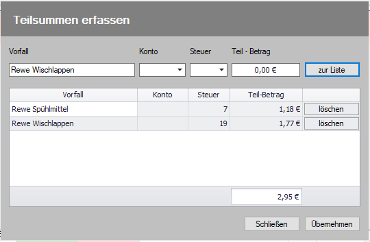 Provendis Kassenbuch Teilsummen erfassen